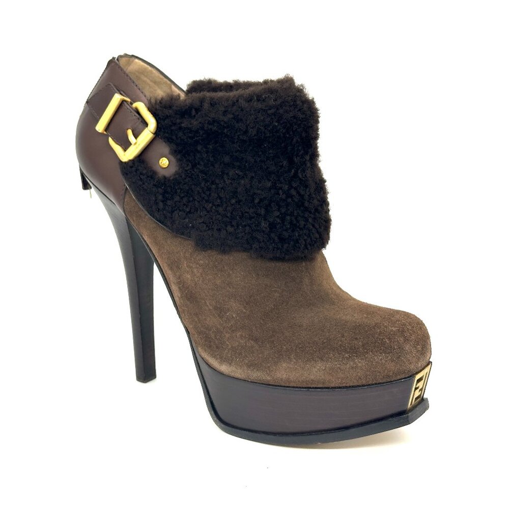 FENDI Fendista Shearling Fur Suede Buckle Platform Ankle Bootie Heels Boots - Picture 8 of 16